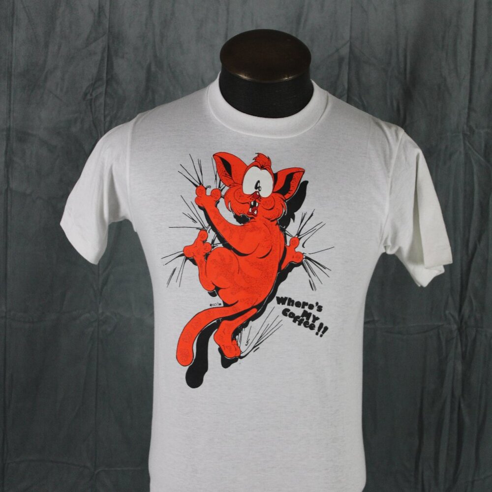 Vintage Graphic T-shirt - Where's My Coffee Cat Graphic Screen Stars - Men's S